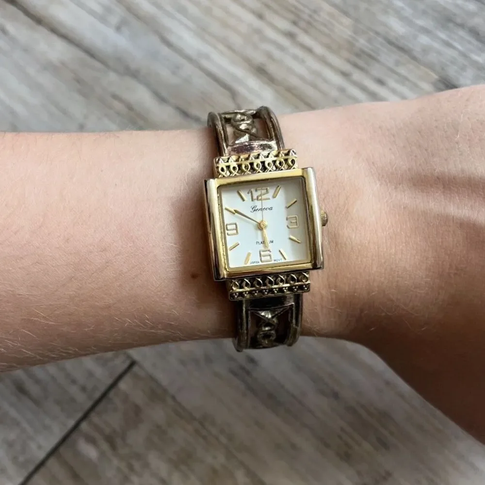 Geneva Vintage Hinge Watch Cuff Gold Quartz Antique White Face